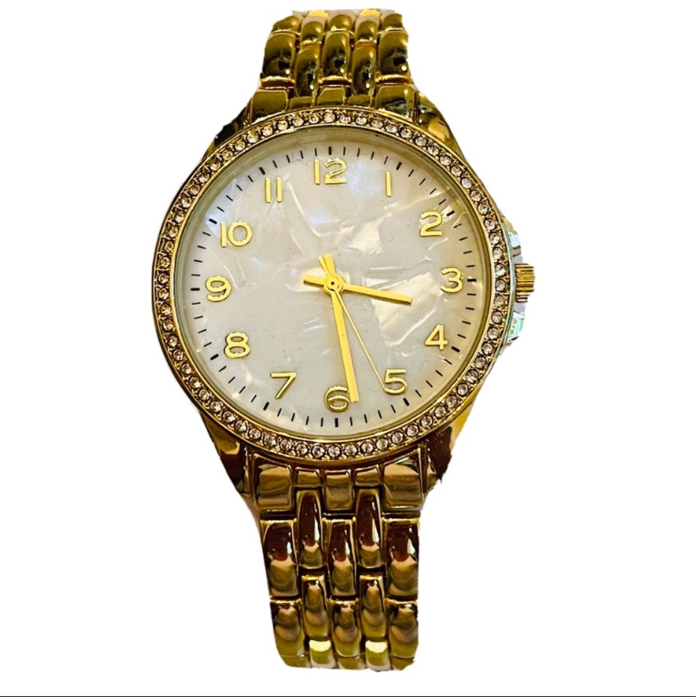American Exchange Pavé Rhinestone Wristwatch Goldtone Mother Of Pearl Face